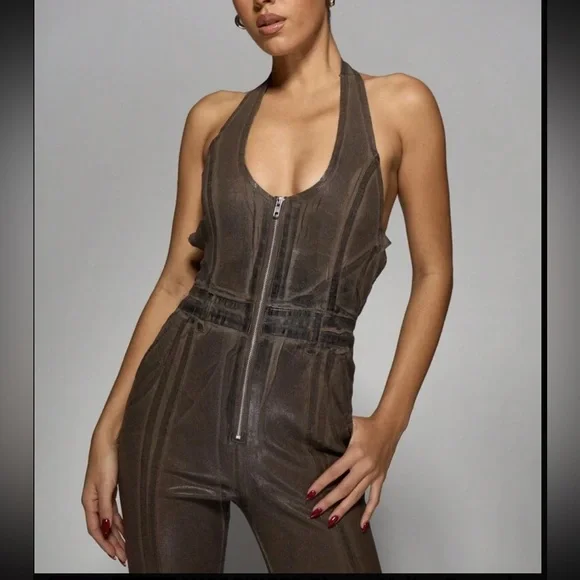 Brown Zipper front Halter Coated Denim Flare Hem Stretchy thick Jumpsuit - Picture 7 of 8